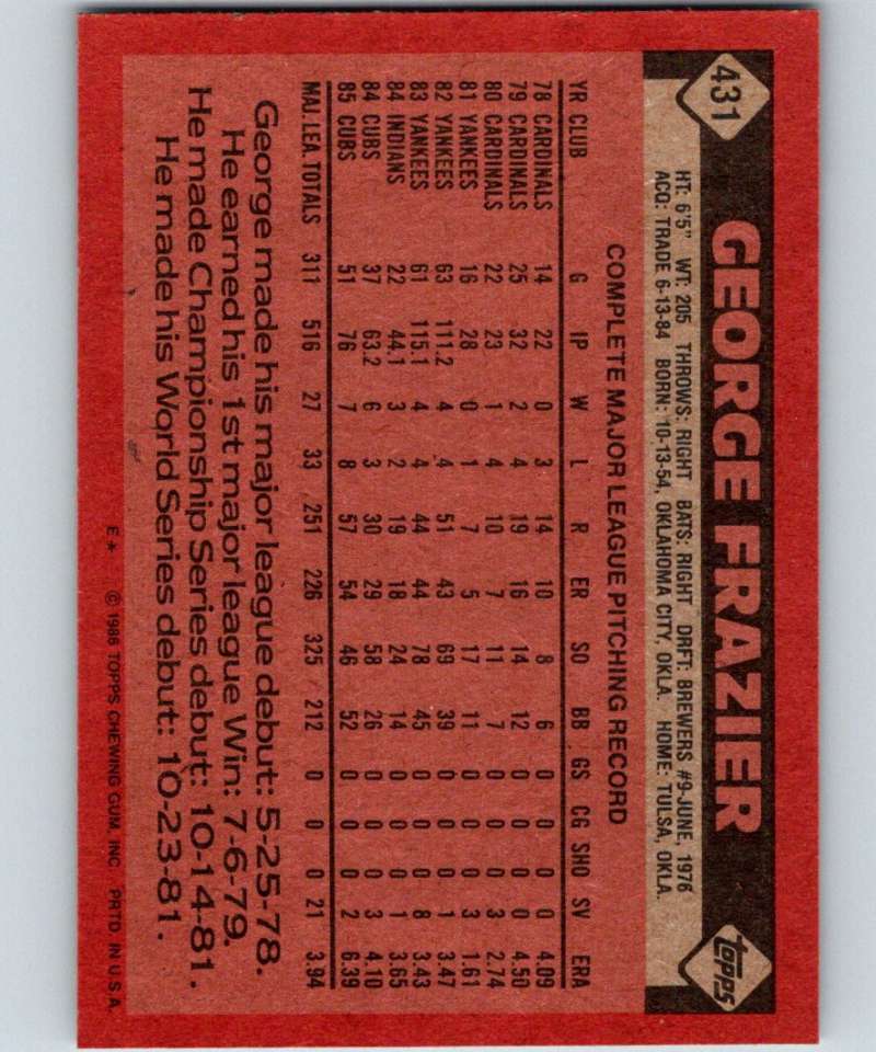 1986 Topps #431 George Frazier Cubs MLB Baseball Image 2