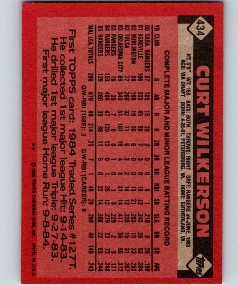 1986 Topps #434 Curtis Wilkerson Rangers MLB Baseball Image 2