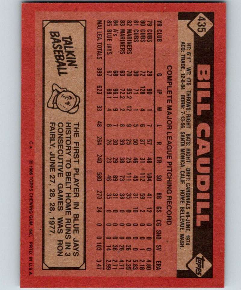 1986 Topps #435 Bill Caudill Blue Jays MLB Baseball Image 2