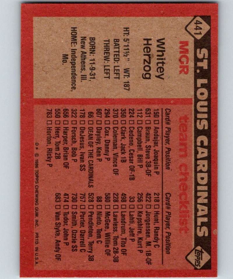 1986 Topps #441 Whitey Herzog Cardinals MG MLB Baseball