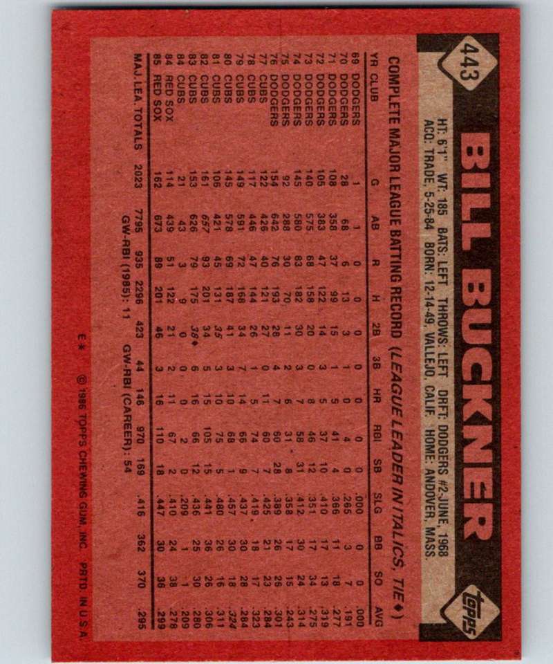 1986 Topps #443 Bill Buckner Red Sox MLB Baseball