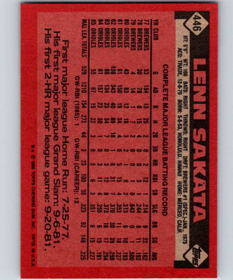 1986 Topps #446 Lenn Sakata Orioles MLB Baseball Image 2