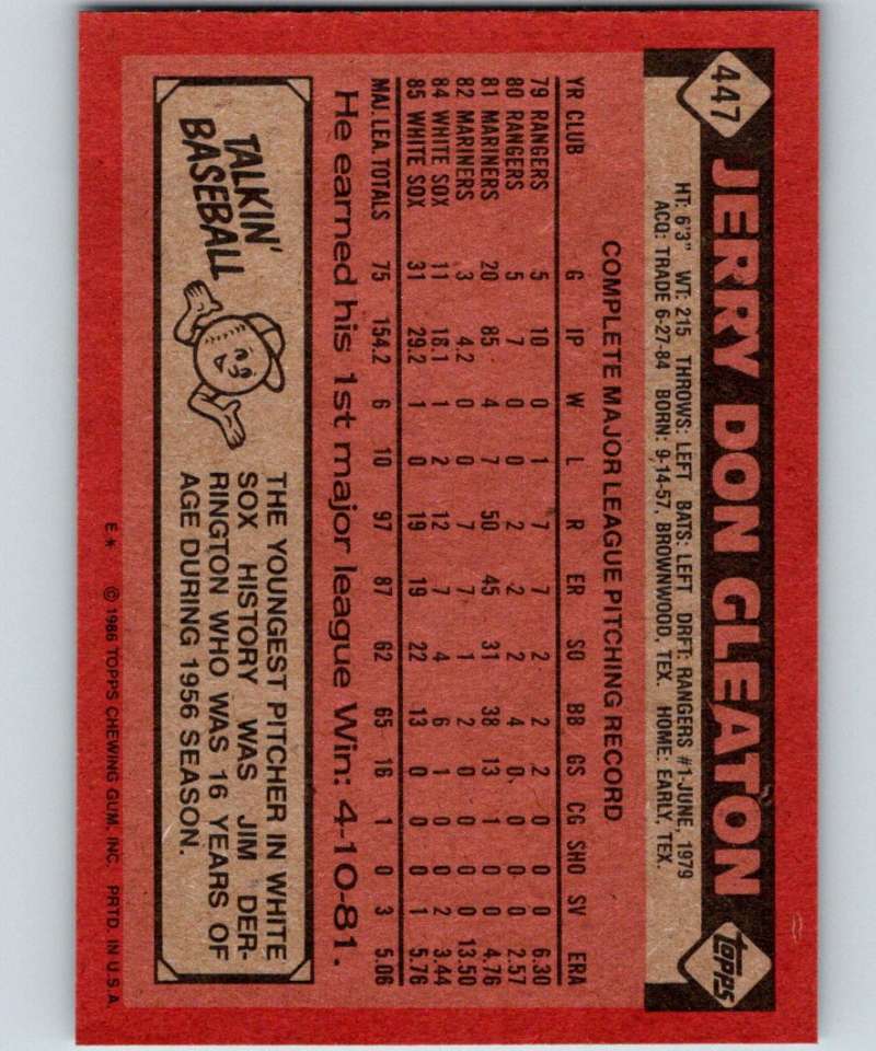1986 Topps #447 Jerry Don Gleaton White Sox MLB Baseball Image 2