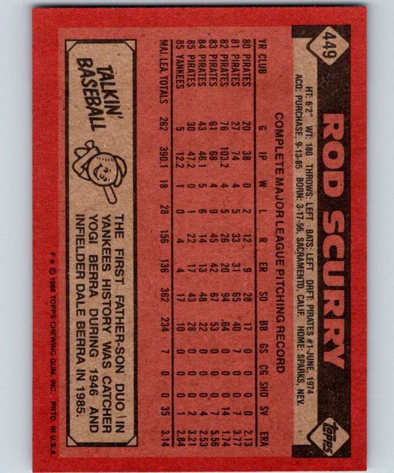 1986 Topps #449 Rod Scurry Yankees MLB Baseball Image 2