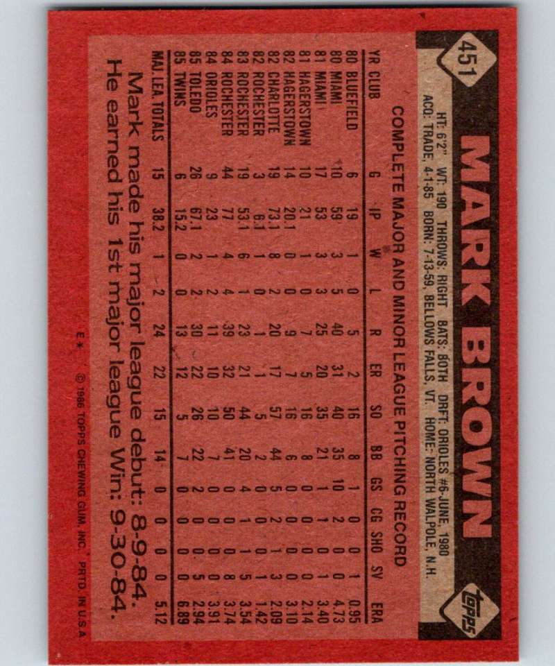 1986 Topps #451 Mark Brown RC Rookie Twins MLB Baseball