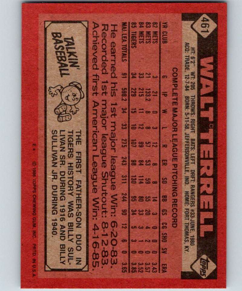 1986 Topps #461 Walt Terrell Tigers MLB Baseball Image 2