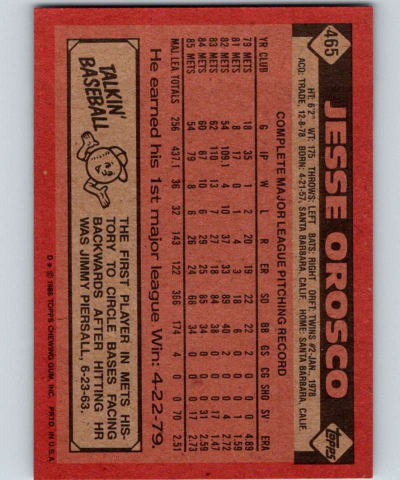 1986 Topps #465 Jesse Orosco Mets MLB Baseball Image 2