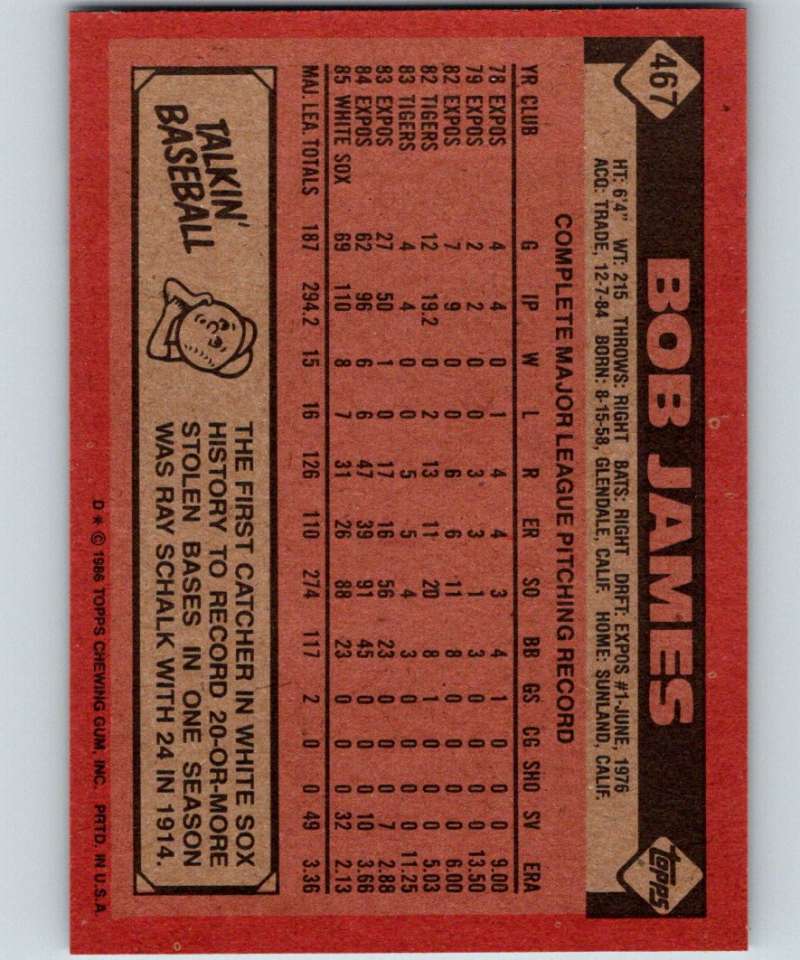 1986 Topps #467 Bob James White Sox MLB Baseball Image 2