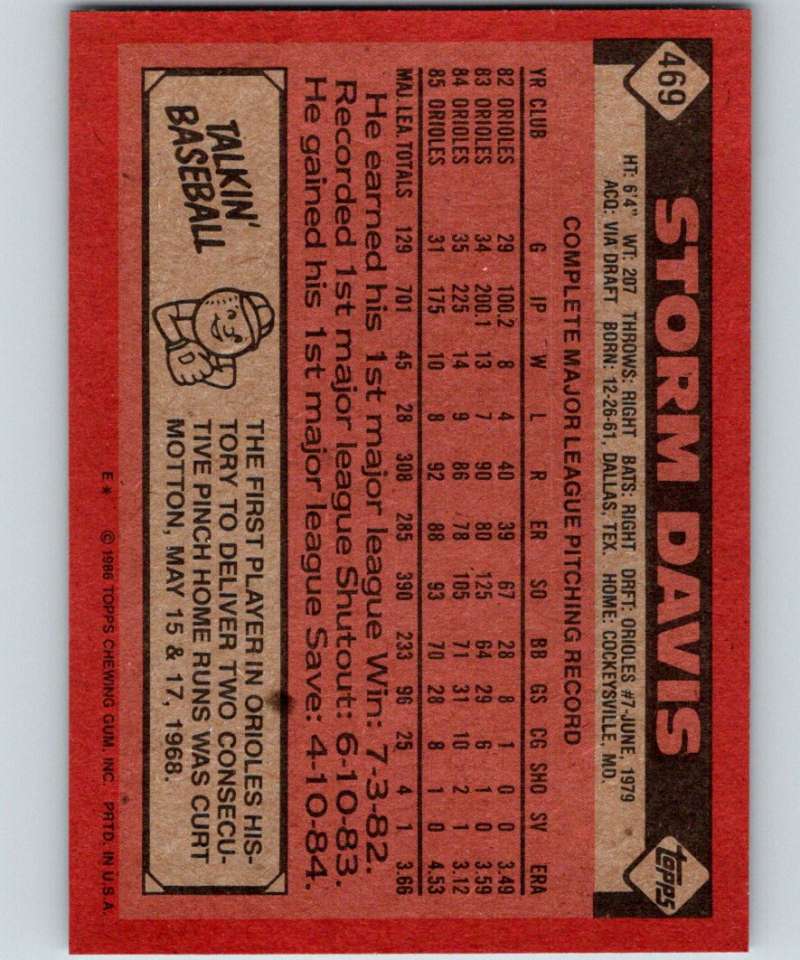 1986 Topps #469 Storm Davis Orioles MLB Baseball Image 2