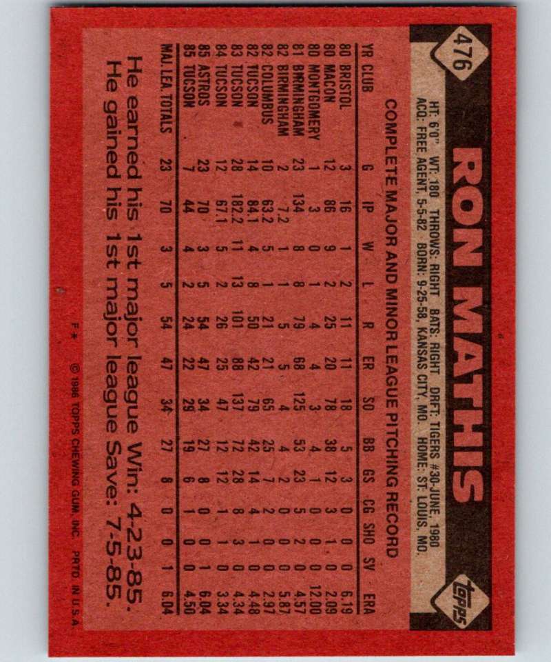1986 Topps #476 Ron Mathis RC Rookie Astros MLB Baseball