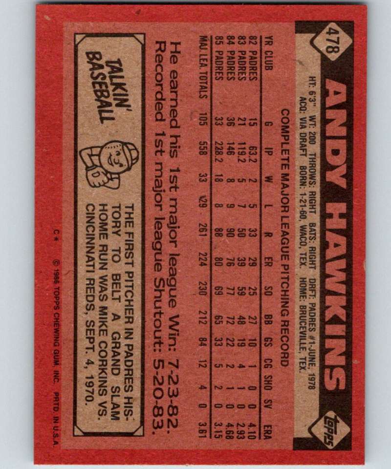 1986 Topps #478 Andy Hawkins Padres MLB Baseball Image 2