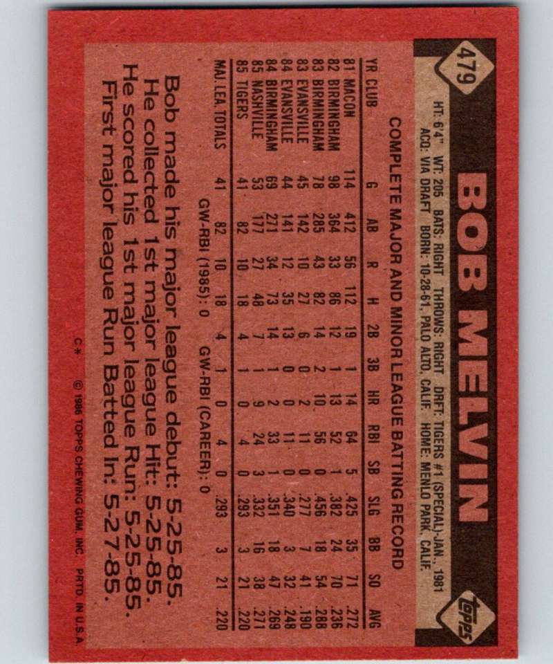 1986 Topps #479 Bob Melvin RC Rookie Tigers MLB Baseball Image 2