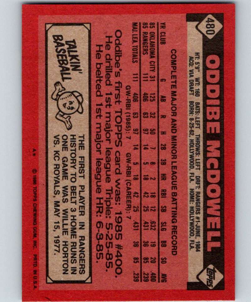 1986 Topps #480 Oddibe McDowell Rangers MLB Baseball Image 2