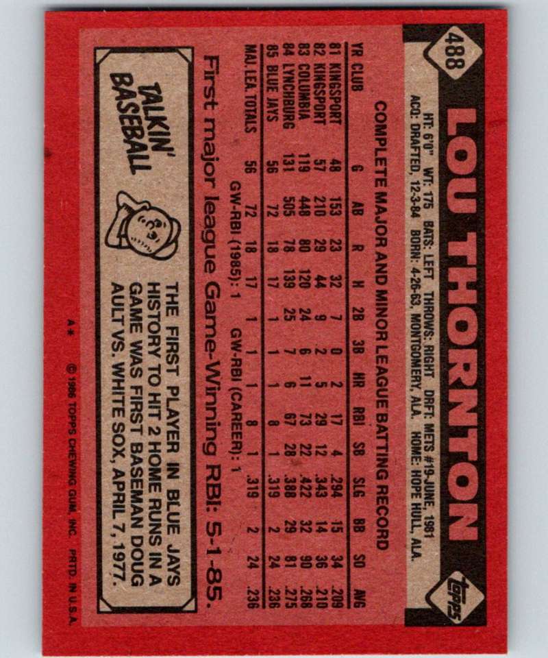 1986 Topps #488 Lou Thornton Blue Jays MLB Baseball Image 2