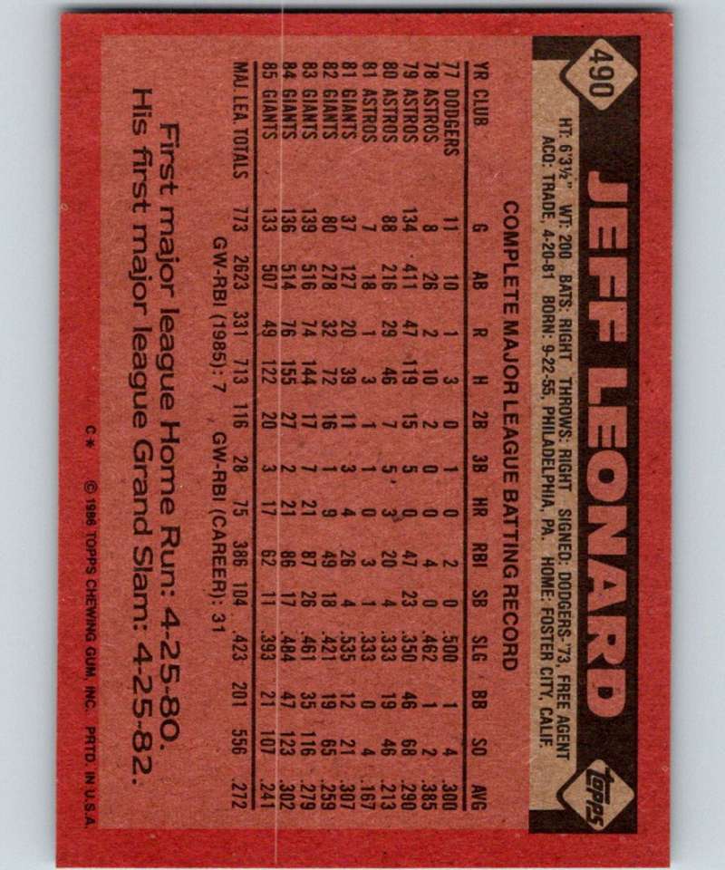 1986 Topps #490 Jeff Leonard Giants MLB Baseball