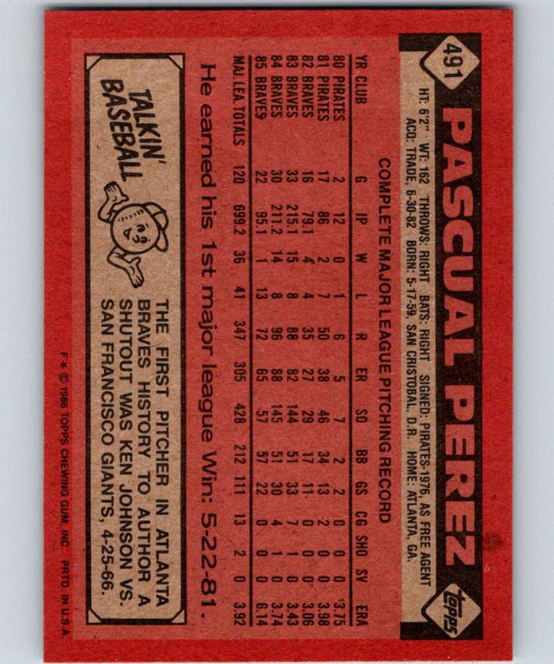 1986 Topps #491 Pascual Perez Braves MLB Baseball Image 2