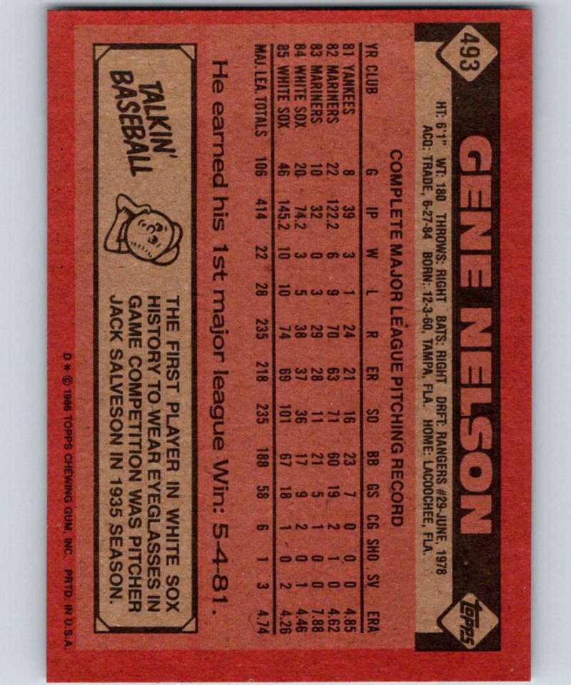 1986 Topps #493 Gene Nelson White Sox MLB Baseball Image 2