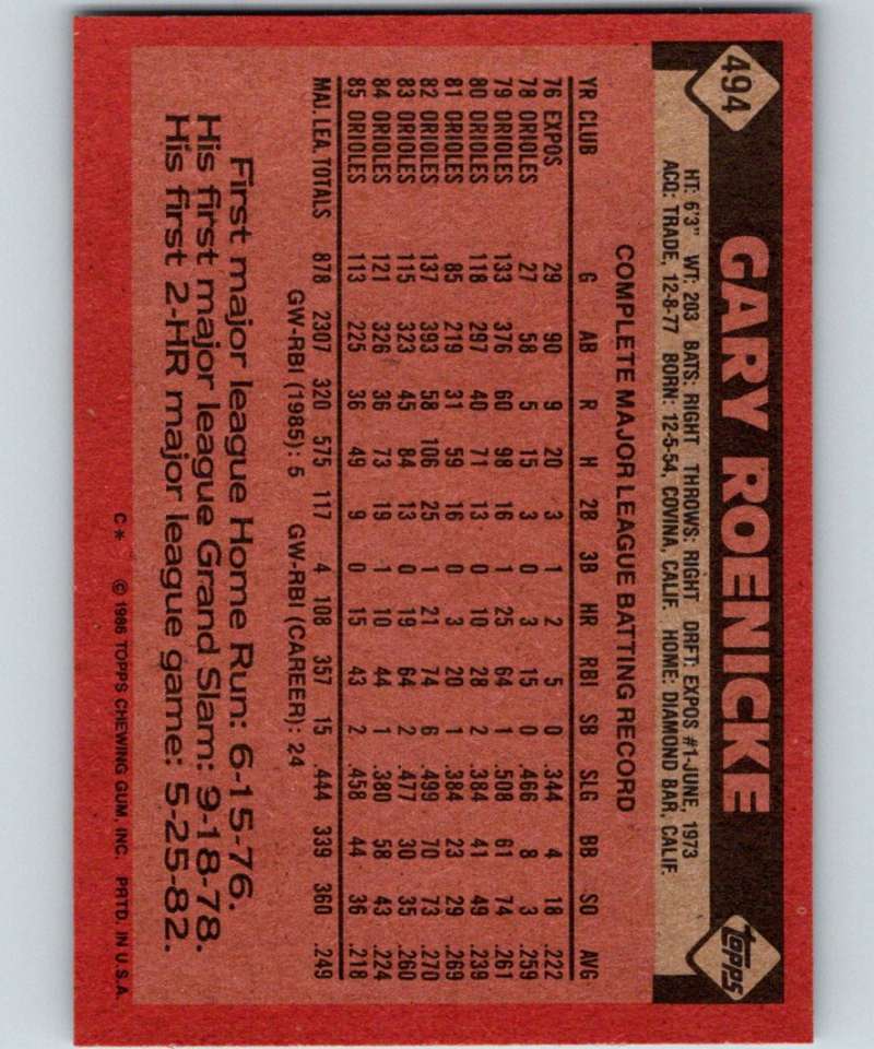 1986 Topps #494 Gary Roenicke Orioles MLB Baseball Image 2