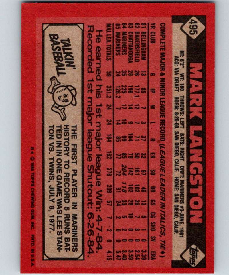 1986 Topps #495 Mark Langston Mariners MLB Baseball Image 2