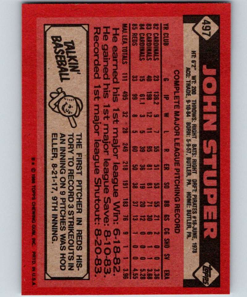 1986 Topps #497 John Stuper Reds MLB Baseball Image 2