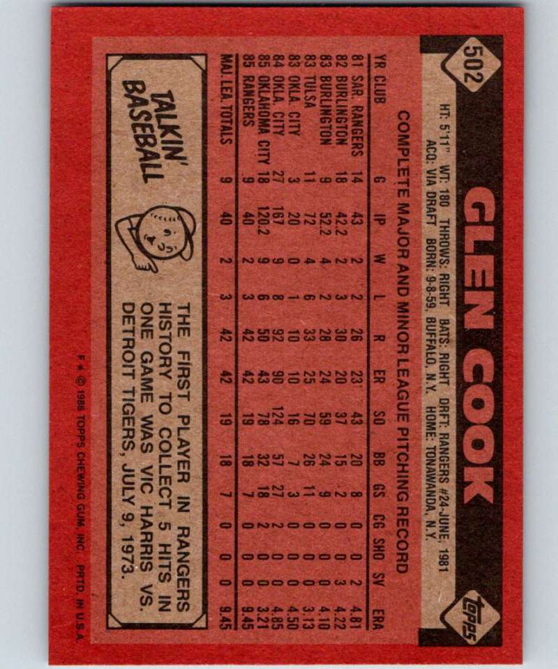 1986 Topps #502 Glen Cook RC Rookie Rangers MLB Baseball Image 2