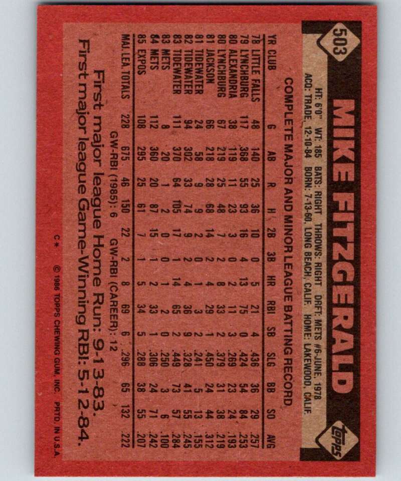 1986 Topps #503 Mike Fitzgerald Expos MLB Baseball Image 2