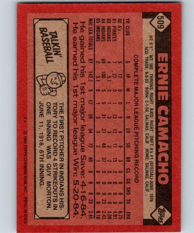 1986 Topps #509 Ernie Camacho Indians MLB Baseball Image 2