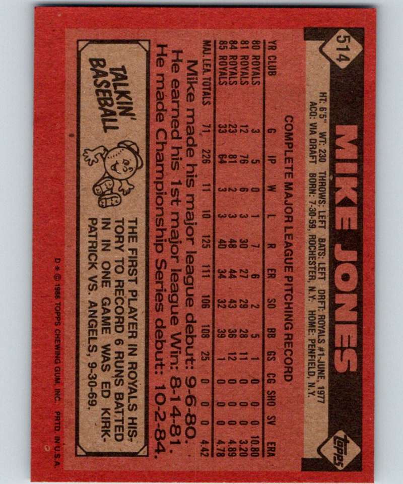 1986 Topps #514 Mike Jones Royals MLB Baseball Image 2