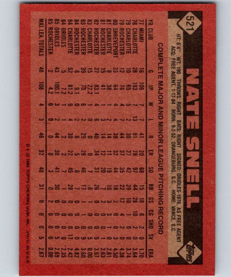 1986 Topps #521 Nate Snell Orioles MLB Baseball Image 2