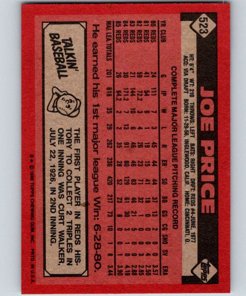 1986 Topps #523 Joe Price Reds MLB Baseball Image 2