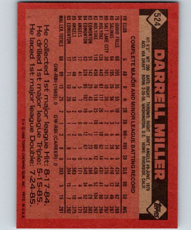 1986 Topps #524 Darrell Miller Angels MLB Baseball Image 2