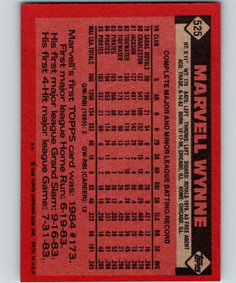 1986 Topps #525 Marvell Wynne Pirates MLB Baseball Image 2