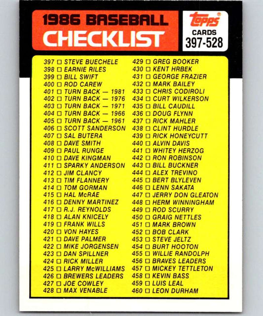1986 Topps #527 Checklist 397-528 MLB Baseball Image 1