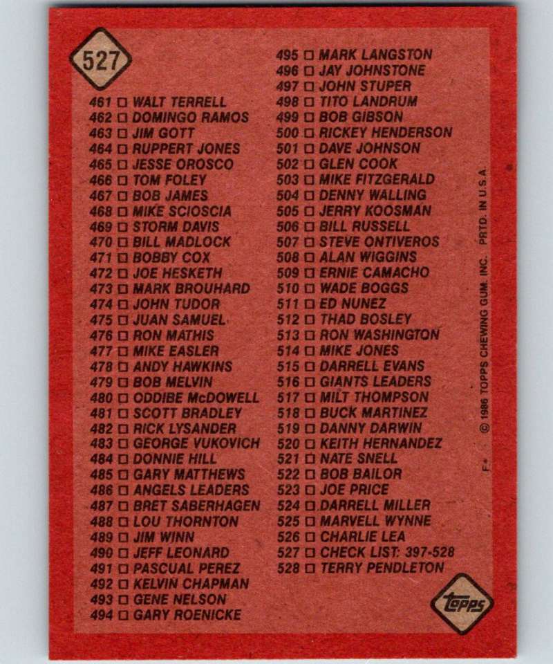 1986 Topps #527 Checklist 397-528 MLB Baseball Image 2