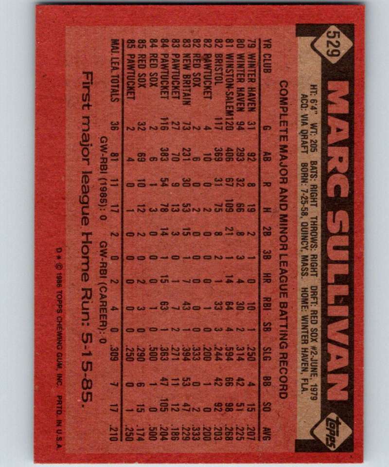 1986 Topps #529 Marc Sullivan Red Sox MLB Baseball Image 2