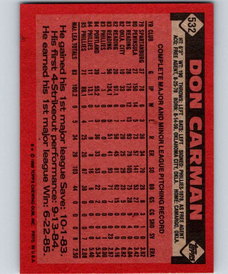 1986 Topps #532 Don Carman RC Rookie Phillies MLB Baseball Image 2