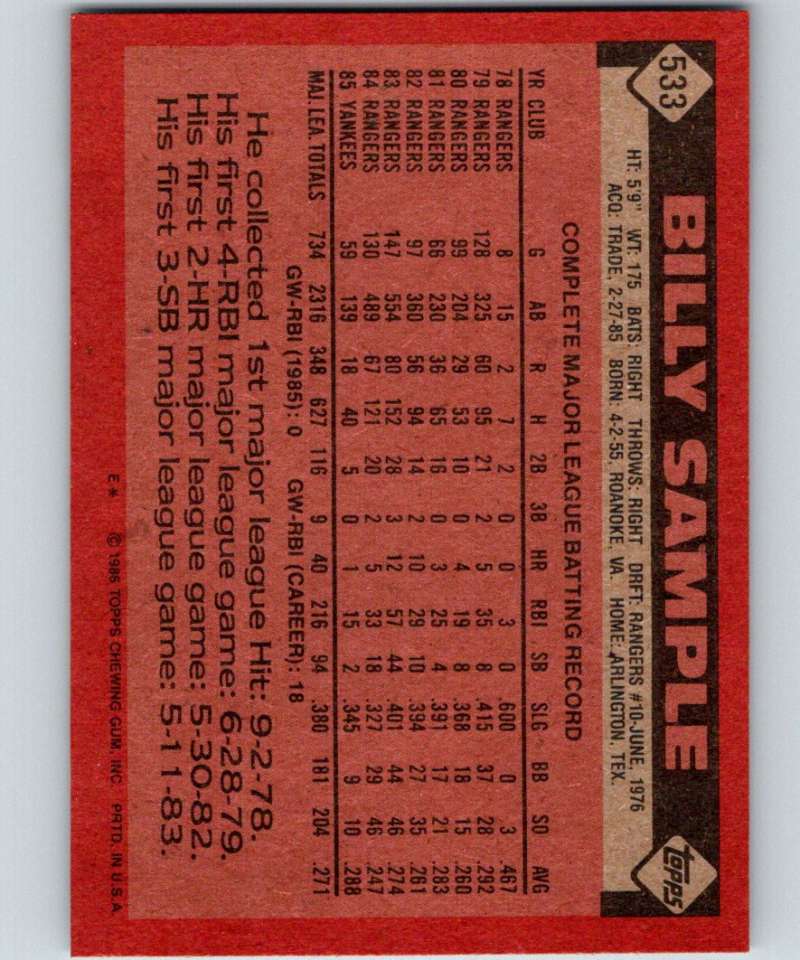 1986 Topps #533 Billy Sample Yankees MLB Baseball Image 2