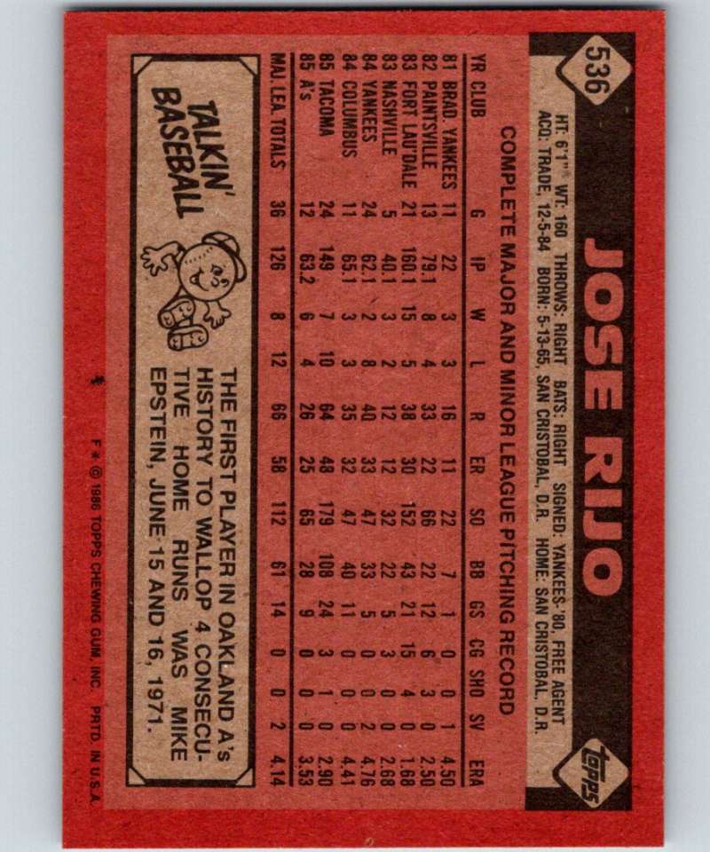 1986 Topps #536 Jose Rijo Athletics MLB Baseball Image 2