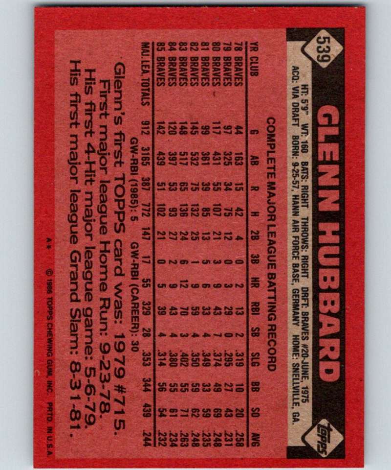 1986 Topps #539 Glenn Hubbard Braves MLB Baseball Image 2