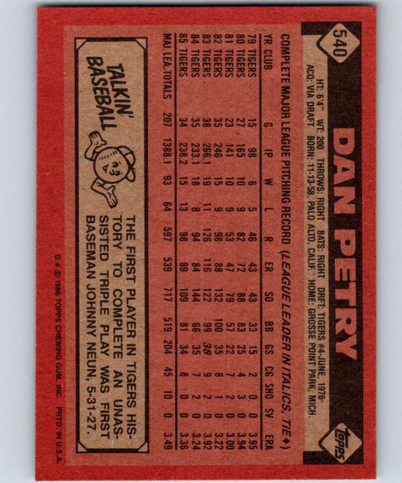 1986 Topps #540 Dan Petry Tigers MLB Baseball Image 2