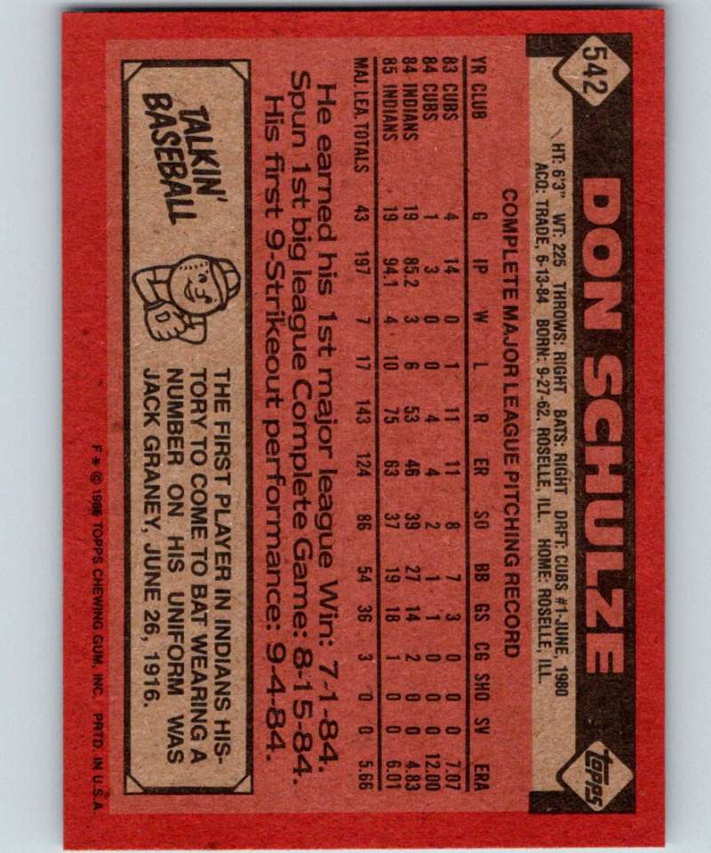 1986 Topps #542 Don Schulze Indians MLB Baseball