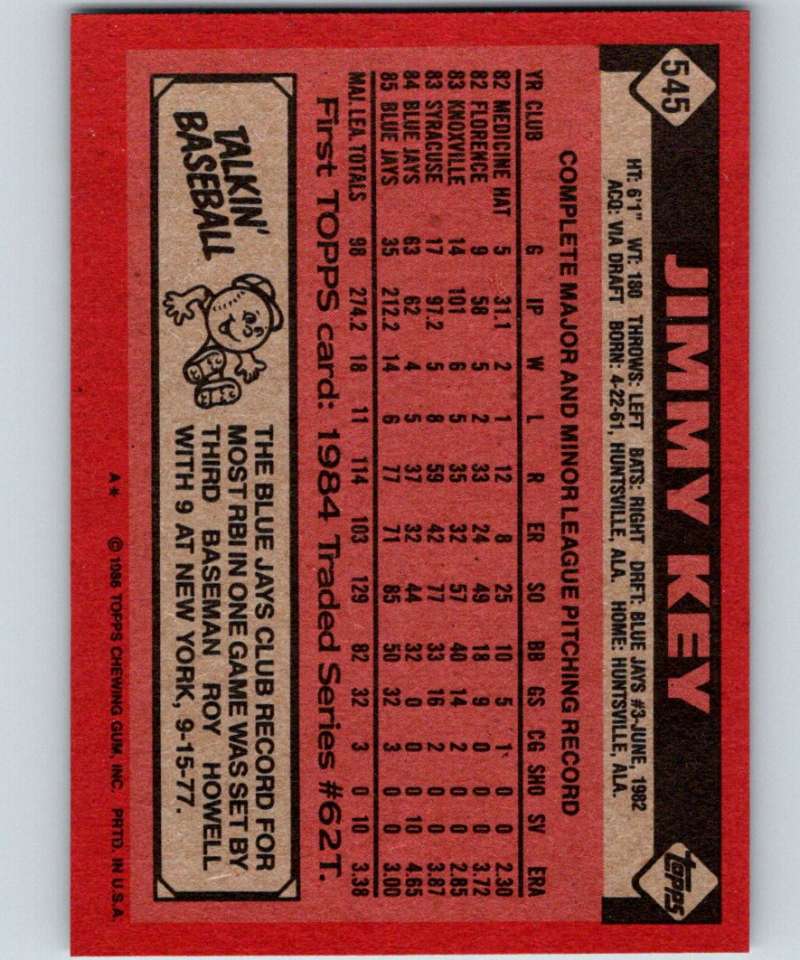 1986 Topps #545 Jimmy Key Blue Jays MLB Baseball