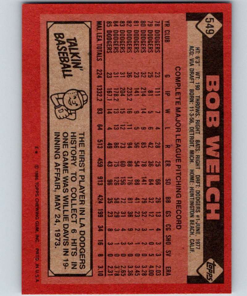 1986 Topps #549 Bob Welch Dodgers MLB Baseball