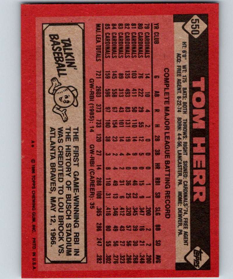 1986 Topps #550 Tom Herr Cardinals MLB Baseball Image 2