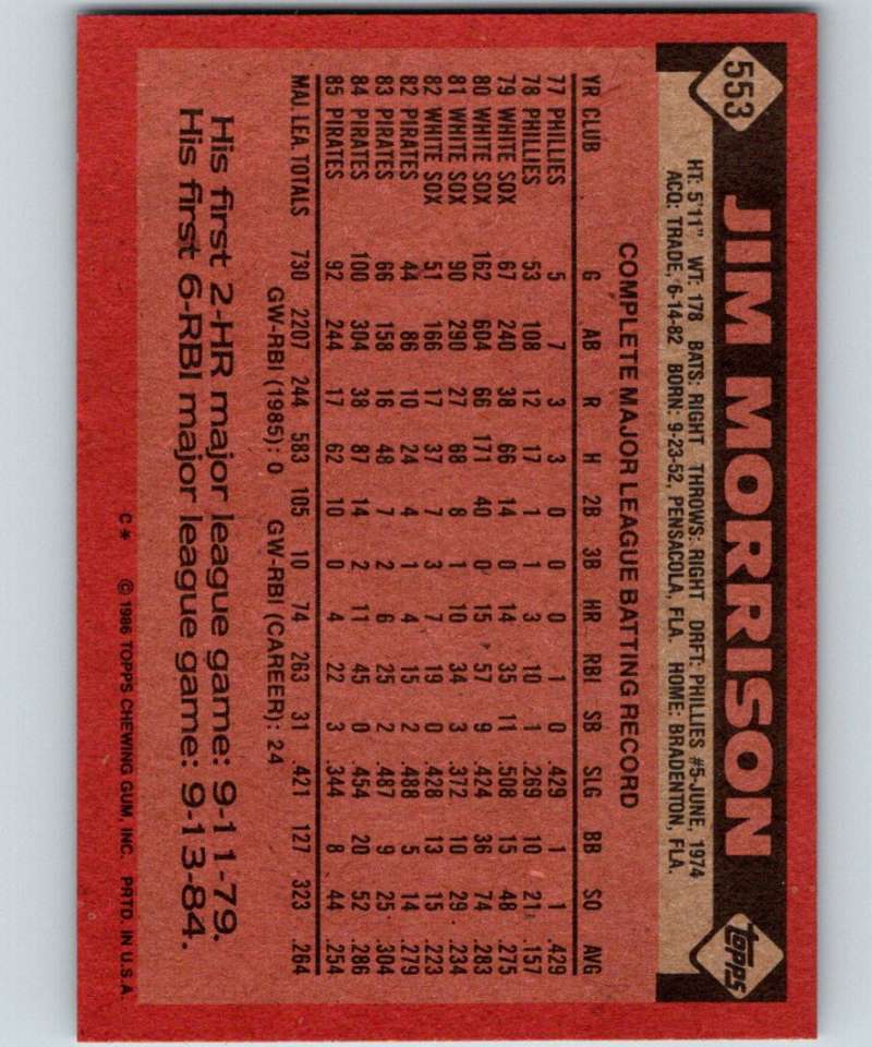1986 Topps #553 Jim Morrison Pirates MLB Baseball Image 2