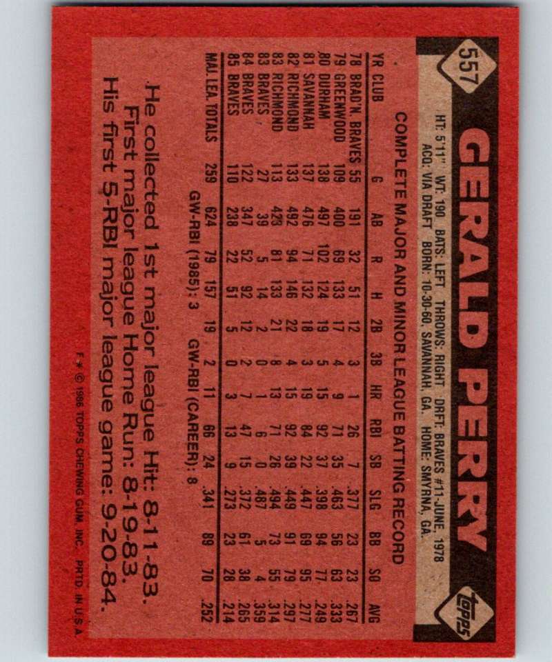 1986 Topps #557 Gerald Perry Braves MLB Baseball Image 2