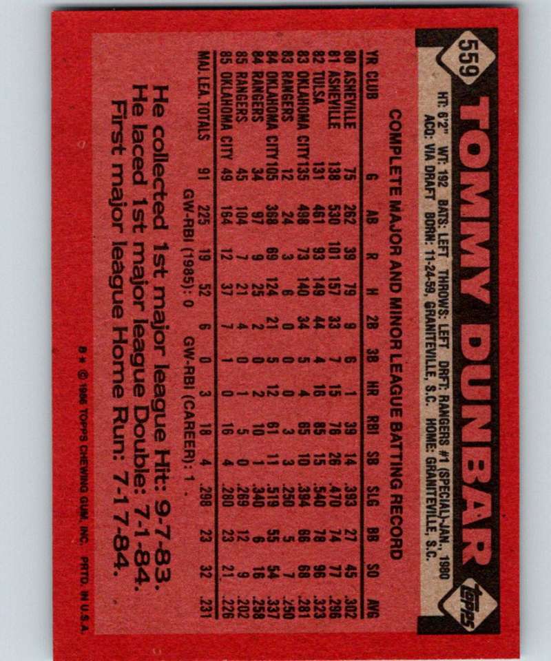 1986 Topps #559 Tommy Dunbar Rangers MLB Baseball Image 2