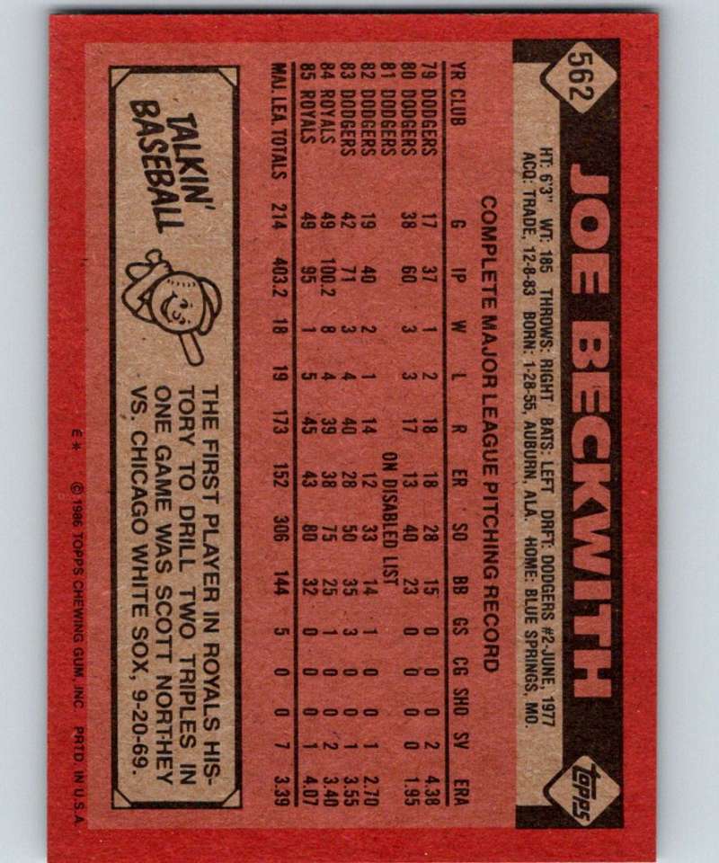 1986 Topps #562 Joe Beckwith Royals MLB Baseball Image 2