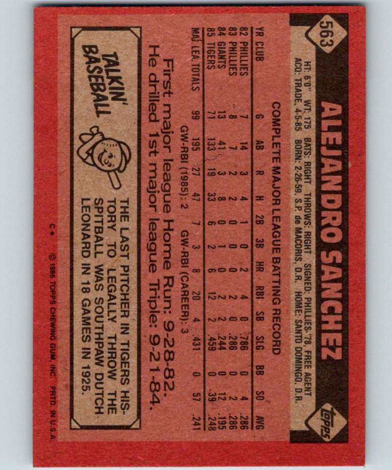 1986 Topps #563 Alejandro Sanchez Tigers MLB Baseball