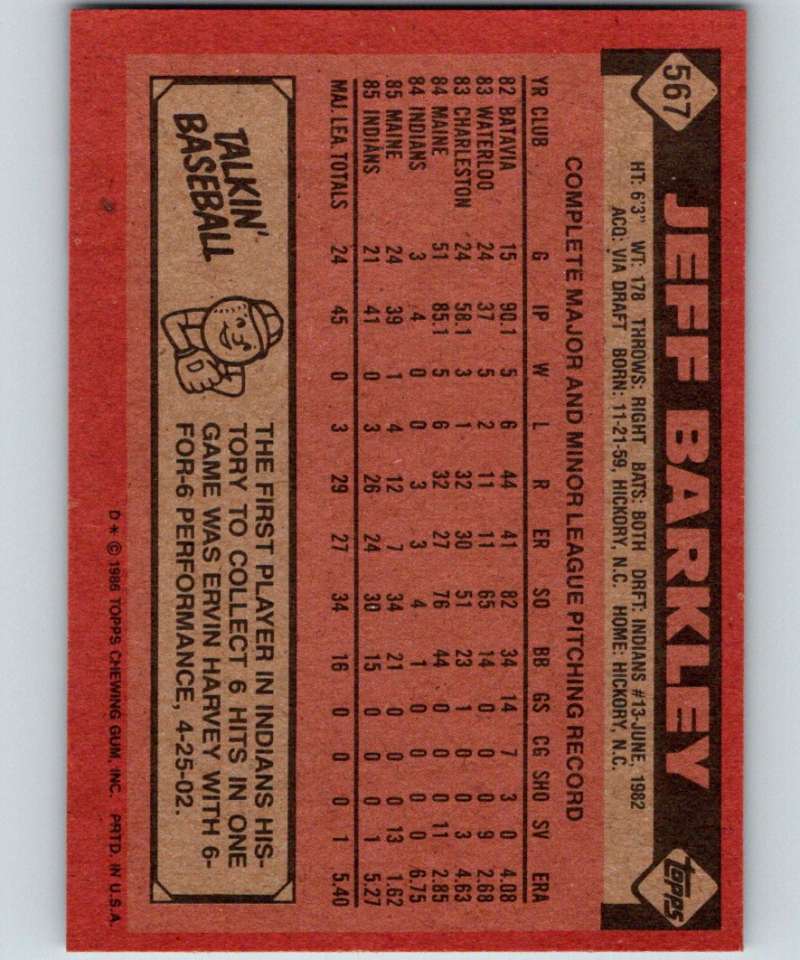 1986 Topps #567 Jeff Barkley RC Rookie Indians MLB Baseball Image 2